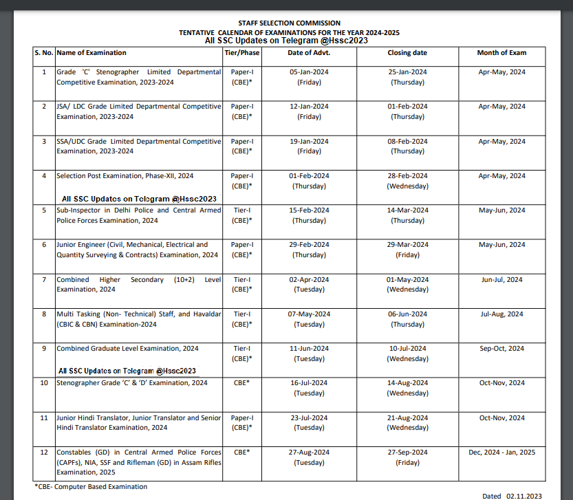 SSC Calender 2024 2025 Pdf Download SSC Exam Calender